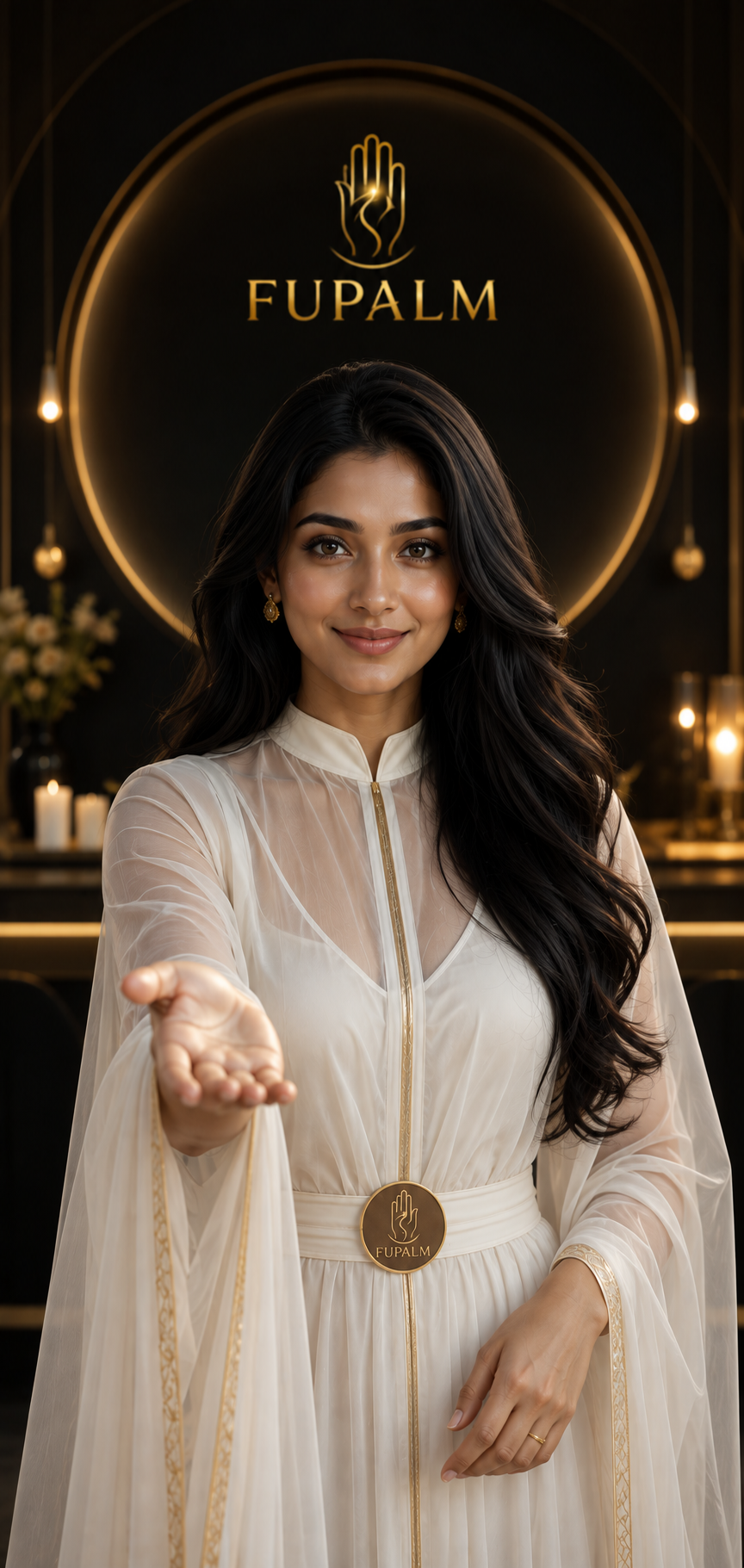 Bhavya, the AI guide of FUPALM, offering an open palm