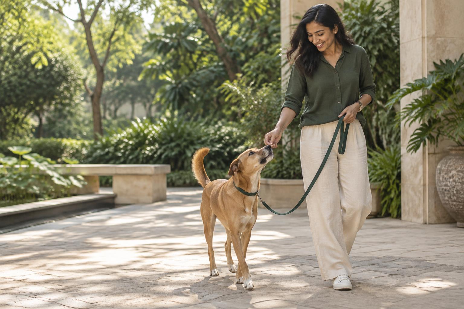 Owner calmly training her dog on a leash
